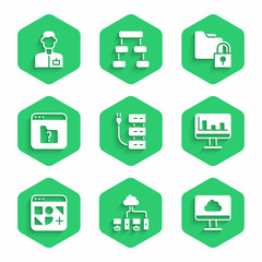 Poster - Set Server, Computer network, Cloud technology data transfer, Monitor with graph chart, Different files, File missing, Folder and lock and Analyst engineer icon. Vector