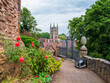 View of St Editha's church from the entrance to Tamworth Castle, UK
