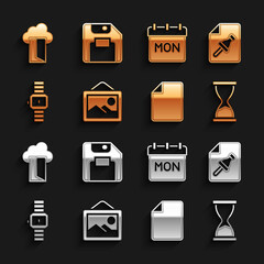 Poster - Set Picture landscape, Note paper with push button, Old hourglass, File document, Wrist watch, Calendar, Cloud database and Floppy disk icon. Vector