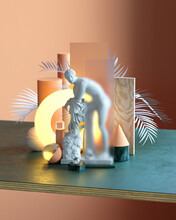 Arrangement Of Miniature Statue With Futuristic Plants And Light