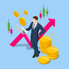 Poster - Isometric concept of business analysis, analytics, research, strategy statistic, planning, marketing, study of performance indicators. Investment in securities, smart investment, strategic management