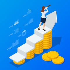 Poster - Isometric concept of business analysis, analytics, research, strategy statistic, planning, marketing, study of performance indicators. Investment in securities, smart investment, strategic management