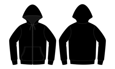 Black Hooded Jacket With Two Pocket Template Vector On White Background.Front and Back View.