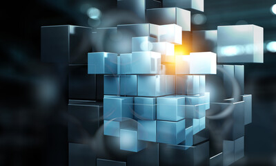 Poster - Floating shiny cube network . Mixed media