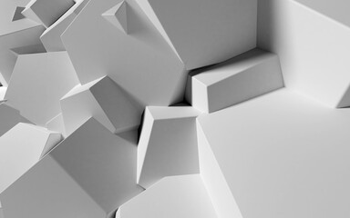 Poster - Abstract background with white 3D shapes flying in the light as a messy array or chaotic structure for any pastel backdrop. 3D illustration