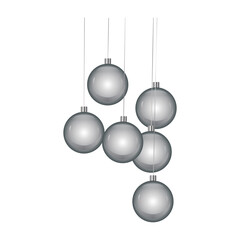 Christmas tree decoration balls isolated on white background. Set of holiday silver balls. Glass baubles hanging on string. New year ornament hanging from above.Group of decorations for festive.Vector