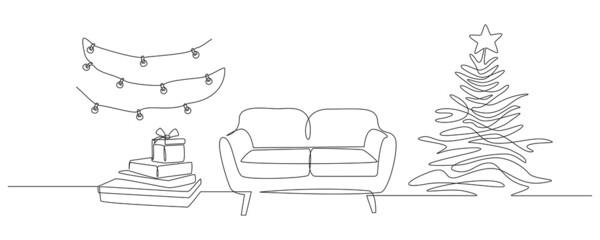 Aufkleber - One continuous Line drawing of interior with sofa, gift boxes and christmas tree and garland. Stylish furniture for living room decor in simple linear style. Editable stroke Vector illustration