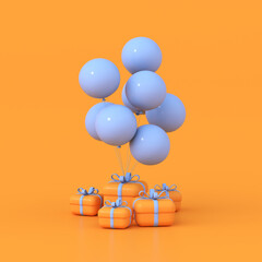 Poster - 3D rendering of orange gift boxes and blue balloons. Minimal concept.