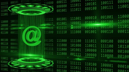 Poster - Abstract 3D graphic illustration on green binary code background - shining light beam in cylinder shape with floating at sign between circular HUD elements - internet or information technology concept