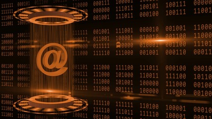 Poster - Abstract 3D graphic illustration on orange binary code background - shining light beam in cylinder shape with floating at sign between circular HUD elements - information technology concept