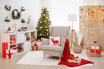 Christmas interior - decorated living room with christmas tree and led lights