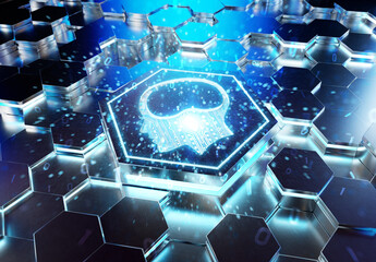 Aufkleber - Brain icon concept engraved on metal hexagonal pedestral background. Artificial intelligence symbol glowing on abstract digital surface. 3d rendering