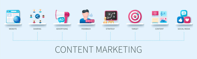 Poster - Content marketing banner with icons. Website, sharing, advertising, feedback, strategy, target, content, social media icons. Business concept. Web vector infographic in 3D style