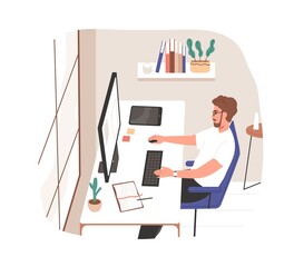 Wall Mural - Man work at modern remote workplace in home office. Employee sitting at desk with desktop computer, working online. Freelancer at table. Flat vector illustration isolated on white background