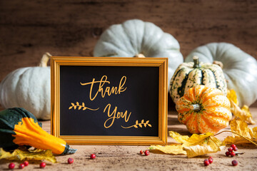 Wall Mural - autumn pumpkin decoration, text thank you, golden frame