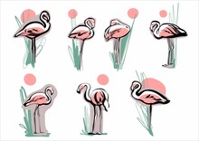 The Set Is A Collection Of Flamingos At Sunset With Greenery Plants And Water. Illustration In Sketch Style, Fashionable Hand Drawing.