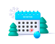 3d Render Winter Blue Calendar Icon With Christmas Trees And Ball With Snowflake Around It, Render Style Illustration