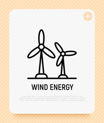 Wall Mural - Wind power, two windmills thin line icon. Alternative energy. Modern vector illustration of rotational energy.