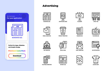 Wall Mural - Advertising thin line icons set: billboard, street ads, newspaper, magazine, product promotion, email, GEO targeting, social media, strategy, custom shirt, internet, banner. Vector illustration.