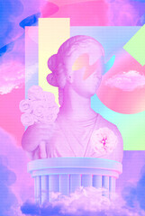 Wall Mural - Contemporary minimal collage wallpaper. Antique statue Woman in vanilla pastel digital space. Back in 80, 90s  vibes. Retro Zine and vapor wave stylish design