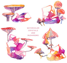Watercolor Mushrooms And Crystals