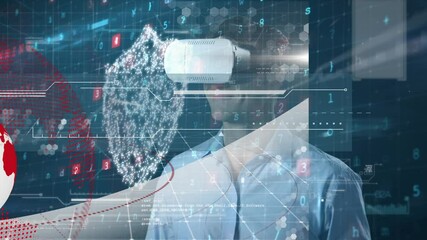Poster - Animation of data processing, man wearing vr headset over online security shield