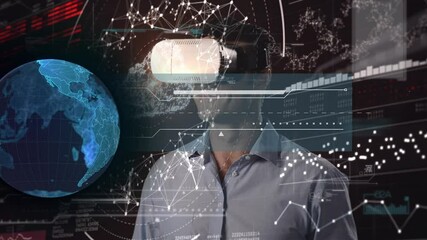 Canvas Print - Animation of network of connections and globe over man wearing vr headset