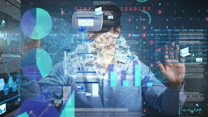 Poster - Animation of data processing and globe over man wearing vr headset