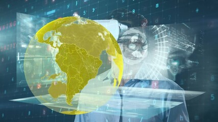 Poster - Animation of data processing and globe man wearing vr headset and cyber attack warning