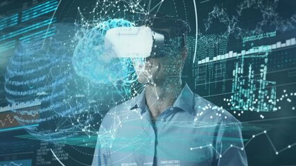 Poster - Animation of data processing and globe man wearing vr headset and human brain spinning