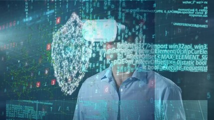 Poster - Animation of network of connections, security icons over man wearing vr headset
