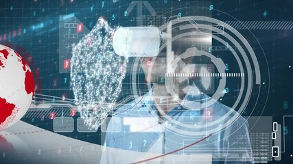 Poster - Animation of network of connections, security icons over man wearing vr headset