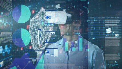 Poster - Animation of statistics and security icons over man wearing vr headset
