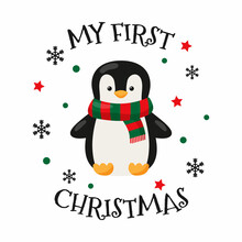 My First Christmas With Penguin. Vector Illustration. 