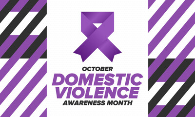 Domestic Violence Awareness Month in October. Celebrate annual in United States. Awareness purple ribbon. Day of Unity. Prevention campaign. Stop women abuse. Poster, banner and background. Vector