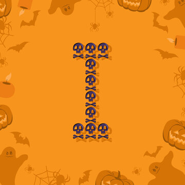 Halloween letter I from skulls and crossbones for design. Festive font for holiday and party on orange background with pumpkins, spiders, bats and ghosts