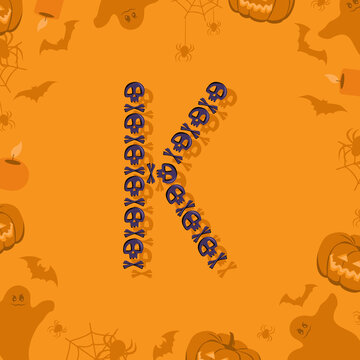 Halloween letter K from skulls and crossbones for design. Festive font for holiday and party on orange background with pumpkins, spiders, bats and ghosts