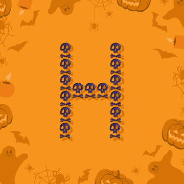 Halloween letter H from skulls and crossbones for design. Festive font for holiday and party on orange background with pumpkins, spiders, bats and ghosts