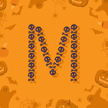 Halloween letter M from skulls and crossbones for design. Festive font for holiday and party on orange background with pumpkins, spiders, bats and ghosts