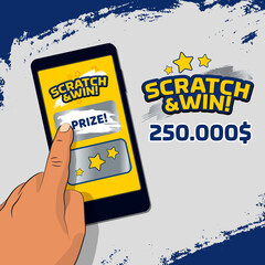 Illustration of hand playing scratch card on the black mobile. Idea for online gambling promotion.