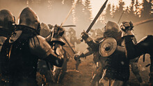 Epic Battlefield: Armies Of Medieval Knights Fighting With Swords. Dark Age War, Crusade, Conquest. Bloody Battle Of Savage Warrior Soldiers. Cinematic Historical Reenactment.