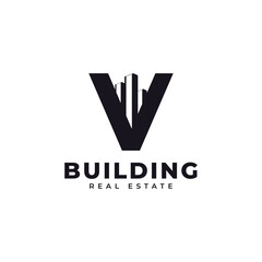 Wall Mural - Real Estate Icon. Letter V Construction with Diagram Chart Apartment City Building Logo Design Template Element