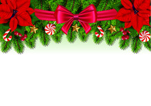 Holiday's Background With Christmas Tree Branches Decorated With Berries, Stars, And Candy Canes.
