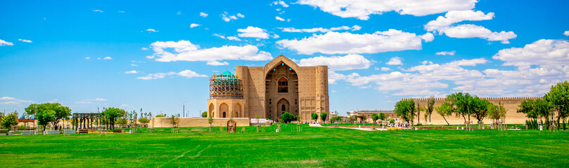 Mausoleum of Khoja Ahmed Yasawi in the city of Turkestan. The historical center of Kazakhstan. Islamic religion, Muslim dignity. The Silk Road is a tourist place.