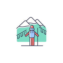 Poster - Trekking in Nepal RGB color icon. Mountaineering destination for travelers. Hiking through Himalayas. Climbing seasons. Travel experience. Isolated vector illustration. Simple filled line drawing