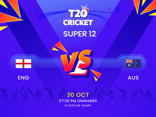 Poster - T20 Cricket Super 12 Match Between England VS Australia On Violet Silhouette Players Background.