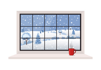 Winter window with snowy country landscape view and a coffee cup on the sill. Cartoon flat style. Vector illustration