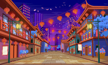 Panorama Chinese Street With Old Houses, Chinese Arch, Lanterns And A Garland At Night. Vector Illustration Of City Street In Cartoon Style.