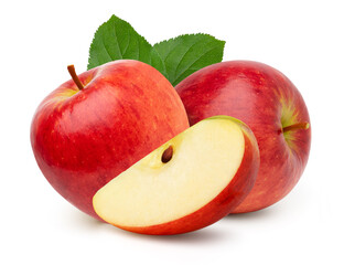 Poster - red-apple fruit and slices with leaves isolated on white background, fresh red apple, cut out.