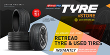 Vector car banner template. Grunge tire tracks backgrounds for landscape poster, digital banner, flyer, booklet, brochure and web design. Editable graphic in red and white. Tyre wall. 4 wheel set.